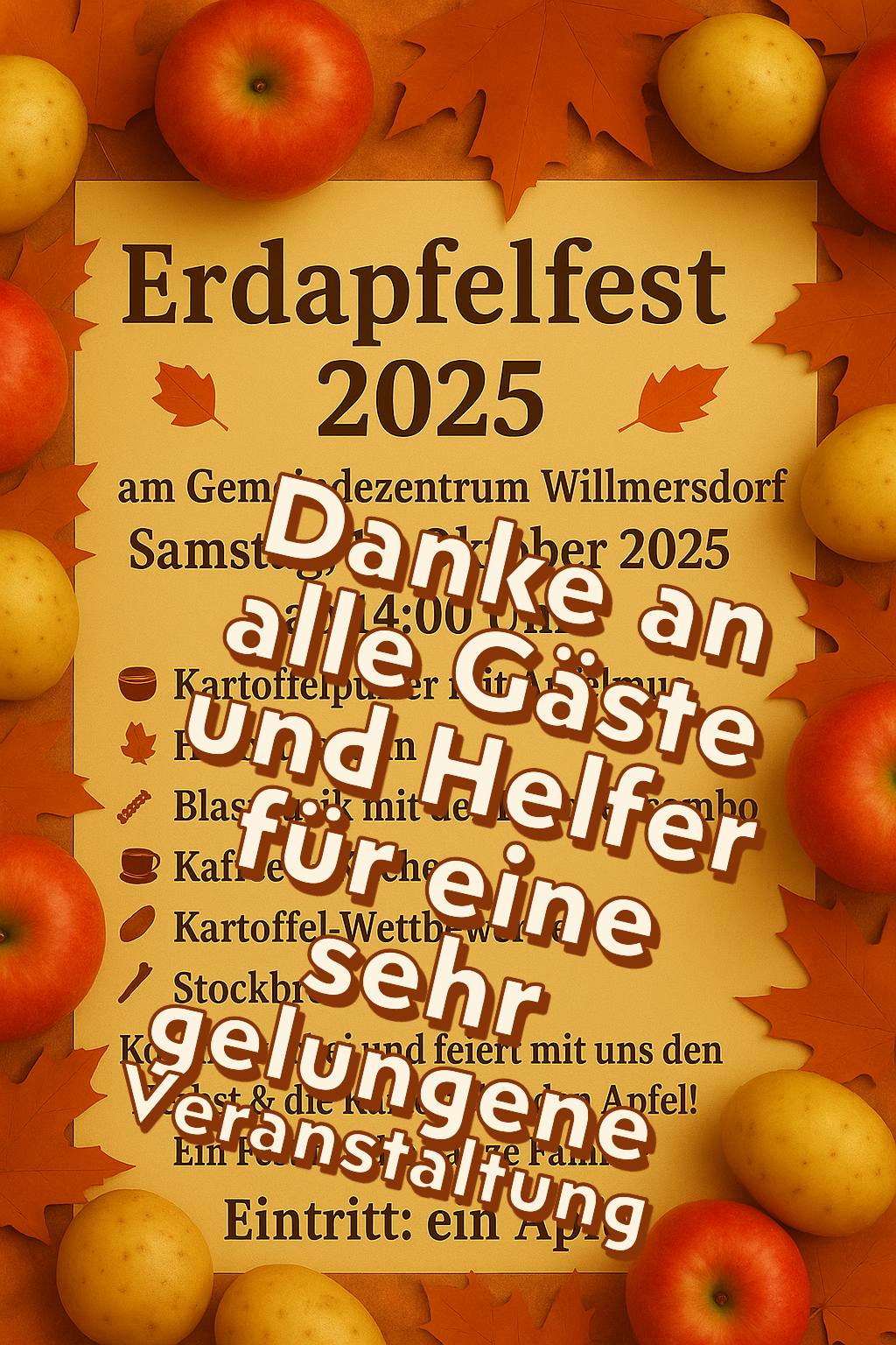 Ein Plakat für das Erdapfelfest 2025, dekoriert mit Äpfeln, Kartoffeln und herbstlichen Blättern, das Informationen über das Event enthält.